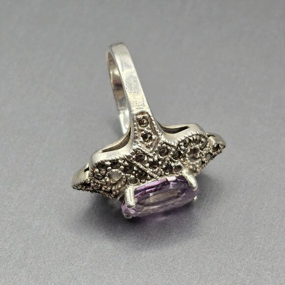 VTG Sterling Silver Amethyst Marcasite Cocktail Ring Size 6.5 Signed TH Art Deco - Picture 7 of 13